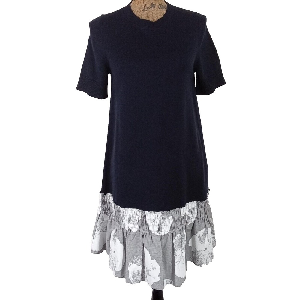COS Navy Blue Mixed Media Knit Sweater Tunic Dress Combo Ruffle Size Sand Dollar